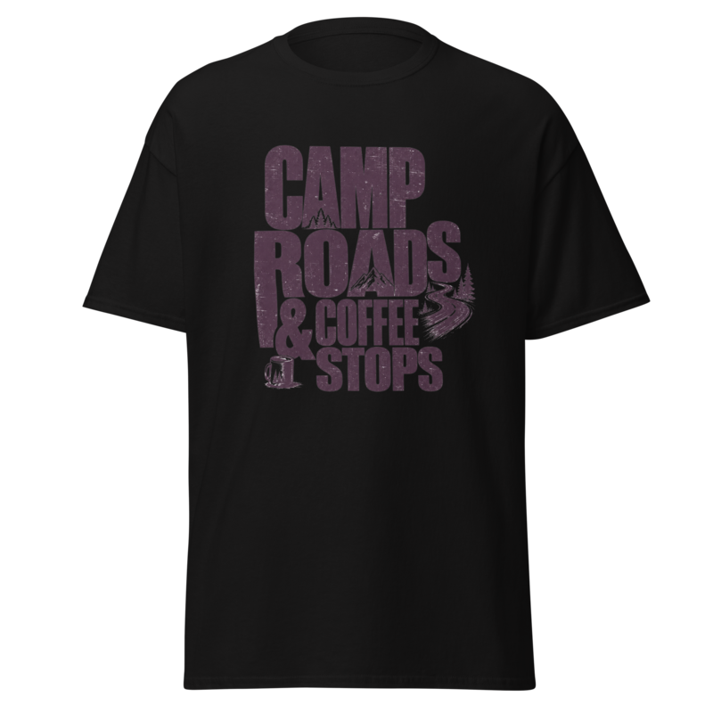 Camp Roads & Coffee Stops T-Shirt - Black Front Mockup Camp Roads & Coffee Stops T-Shirt in black, front view