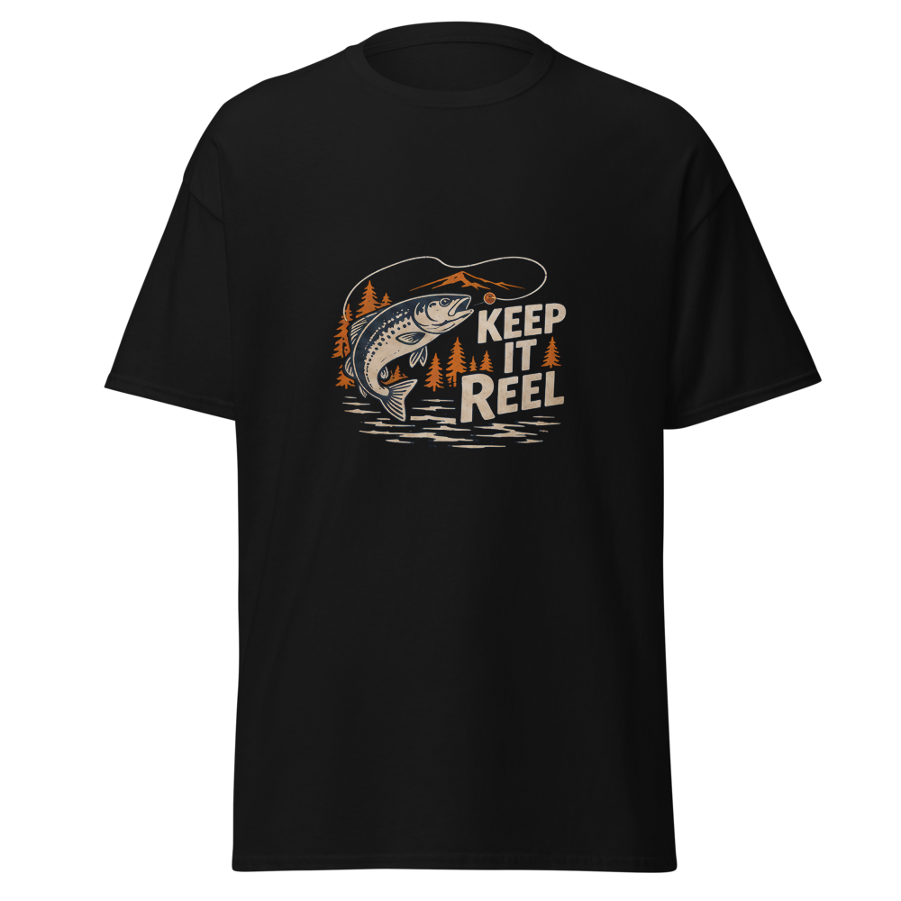 Keep It Reel T-Shirt | Snugco - Black Front Mockup Keep It Reel fishing graphic T-shirt by Snugco - Black