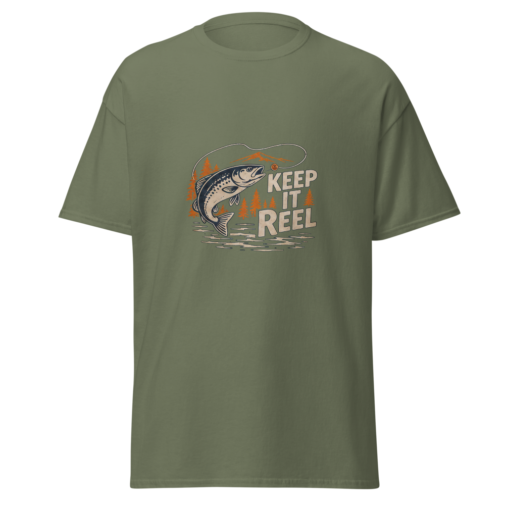 Keep It Reel T-Shirt | Snugco - Military Green Front Mockup Keep It Reel fishing graphic T-shirt by Snugco - Military Green