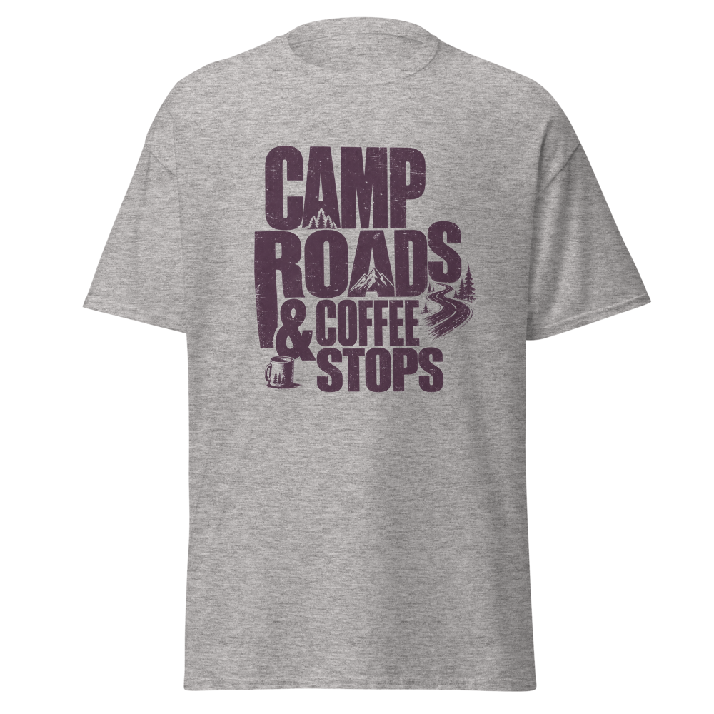 Camp Roads & Coffee Stops T-Shirt - Sport Grey Front Mockup Camp Roads & Coffee Stops T-Shirt in Sport Grey, front view