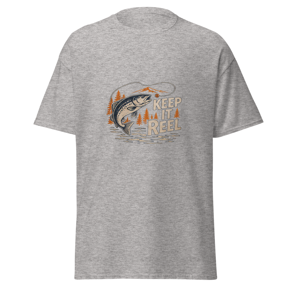 Keep It Reel T-Shirt | Snugco - Sport Grey Front Mockup Keep It Reel fishing graphic T-shirt by Snugco - Sport Grey