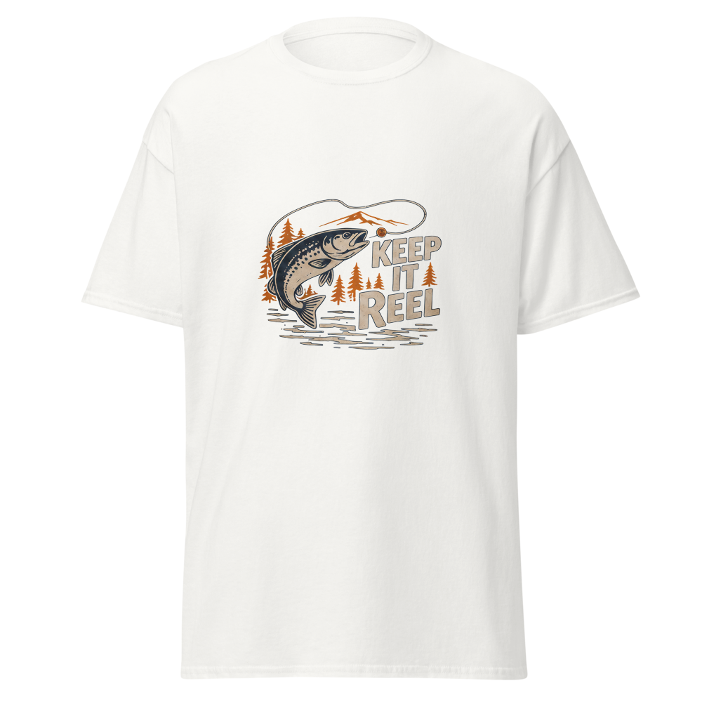 Keep It Reel T-Shirt | Snugco - White Front Mockup Keep It Reel fishing graphic T-shirt by Snugco - White