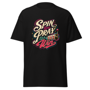 SPIN and PRAY for a Win graphic T-shirt by Snugco - Black