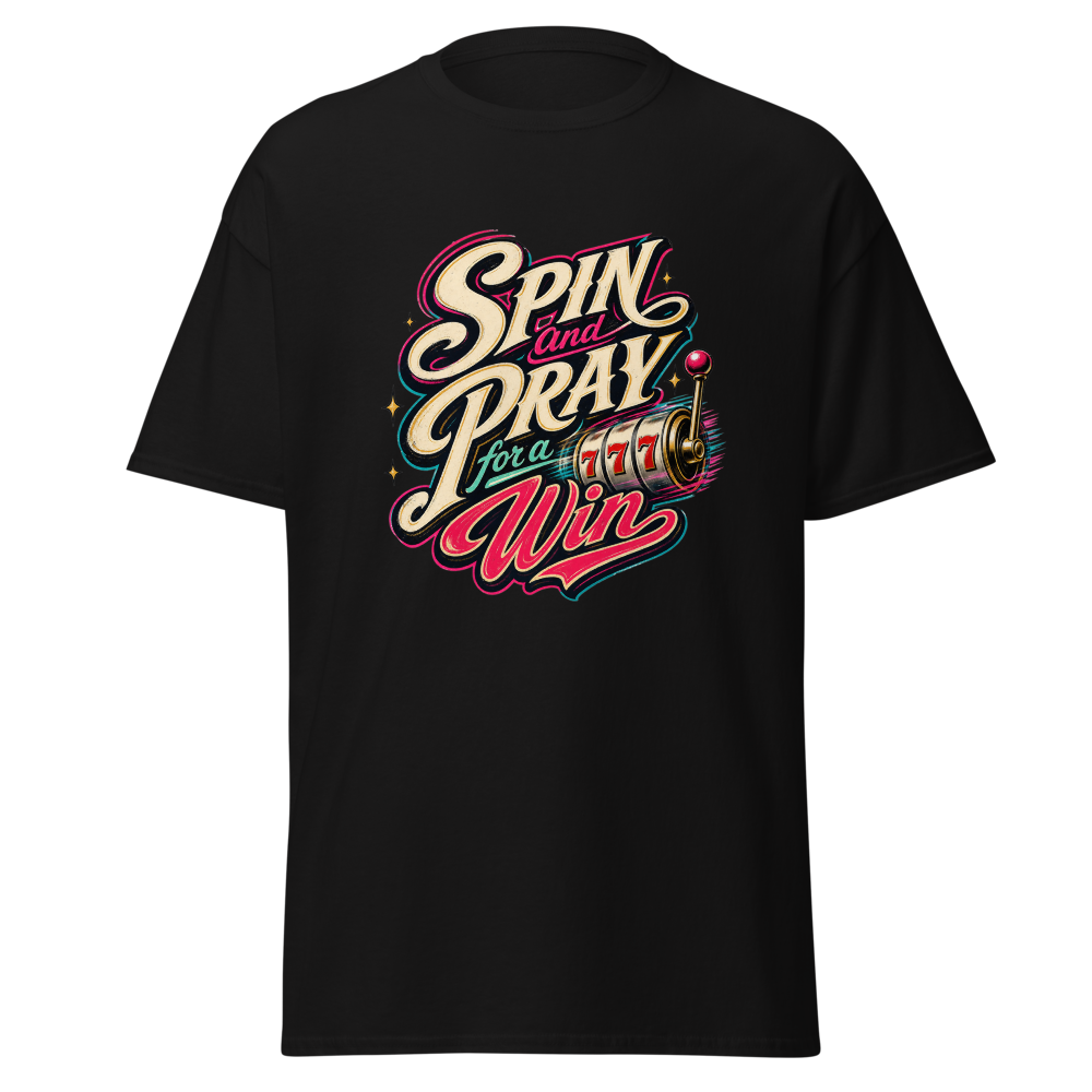 SPIN and PRAY for a Win T-Shirt | Snugco - Black Front Mockup SPIN and PRAY for a Win graphic T-shirt by Snugco - Black