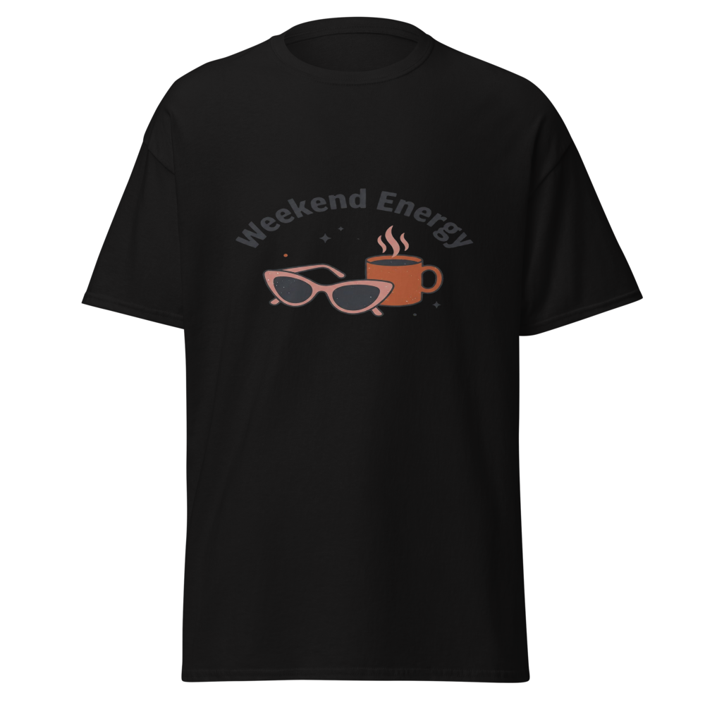 Weekend Engery T-Shirt | Snugco - Black Front Mockup Weekend Engery graphic T-shirt by Snugco - Black