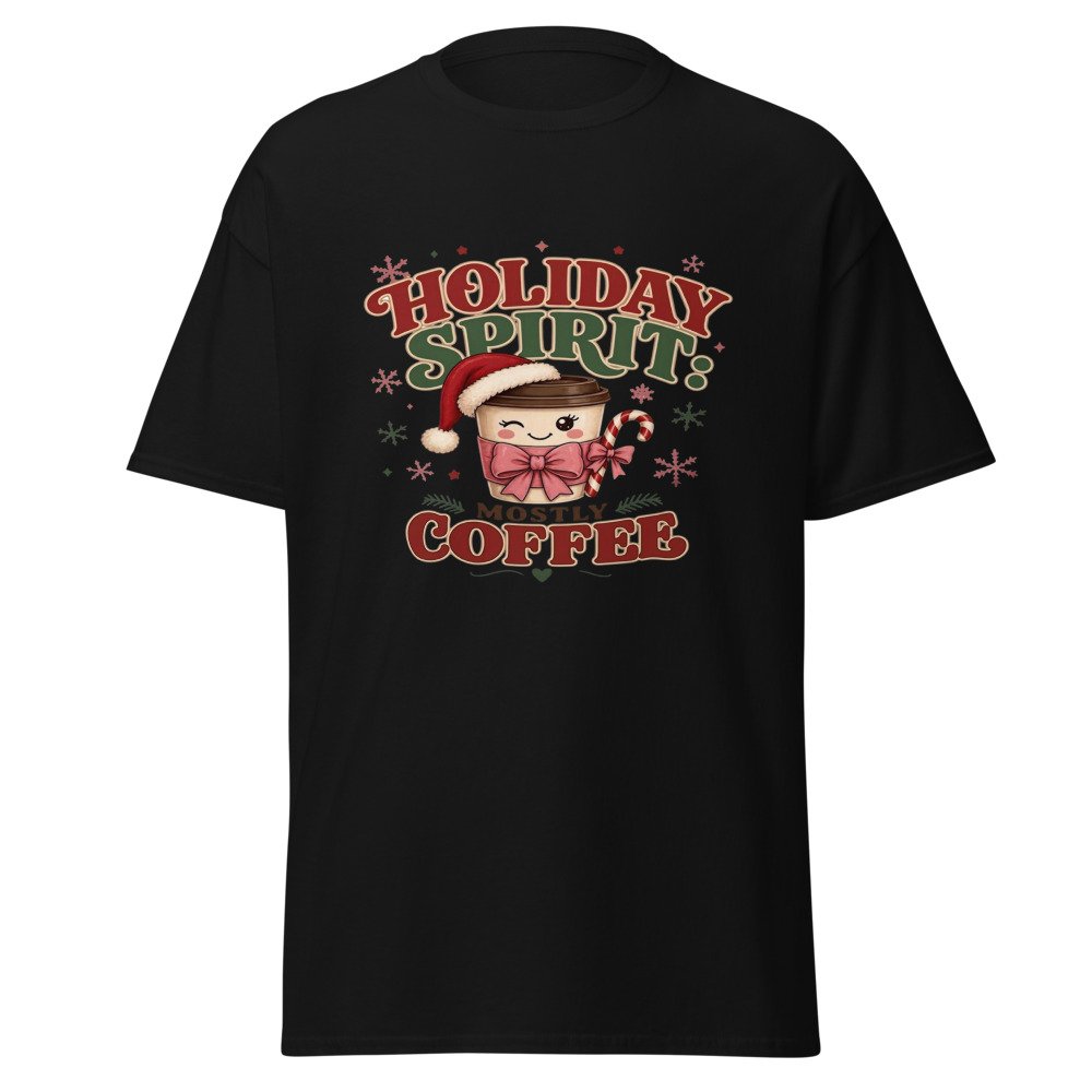 unisex classic tee black front 6ad79e0c8cc2e.jpg Holiday Spirit Mostly Coffee T-Shirt mockup
