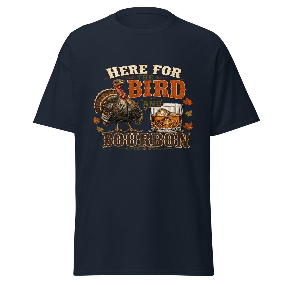 unisex classic tee navy front 6ada027587711.jpg Here for the BIrd and Bourbon T-Shirt mockup