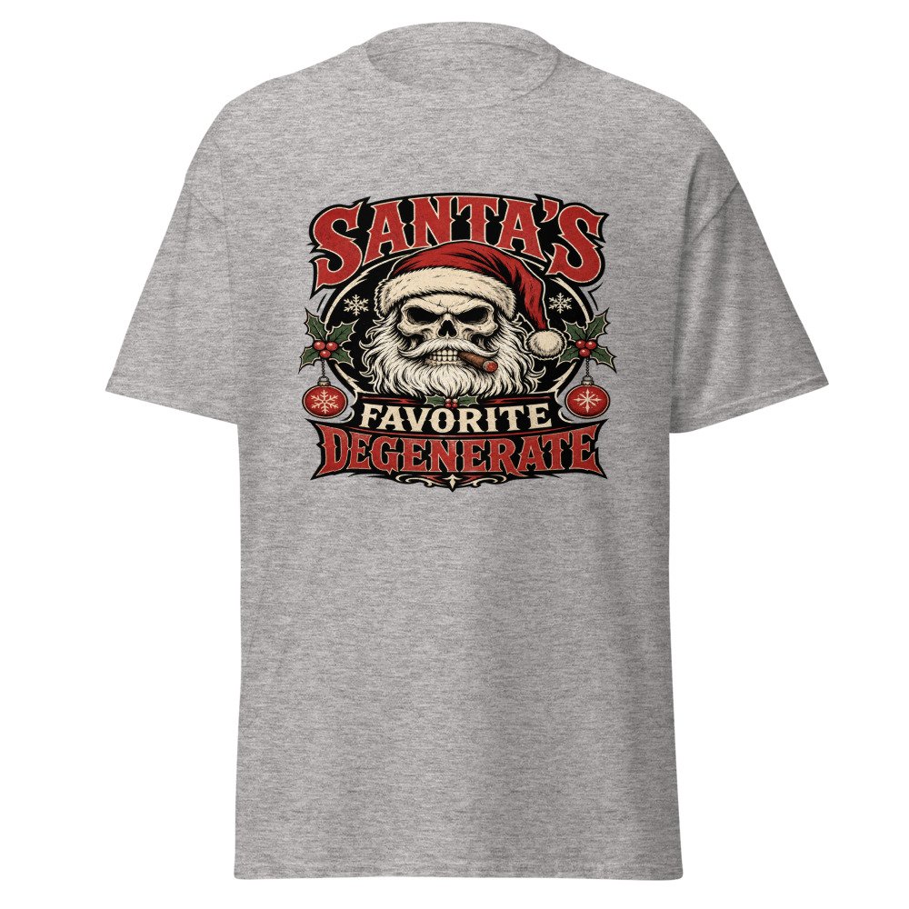 unisex classic tee sport grey front 6acfa6223af9c.jpg Santa's Favorite Degenerate T-Shirt mockup
