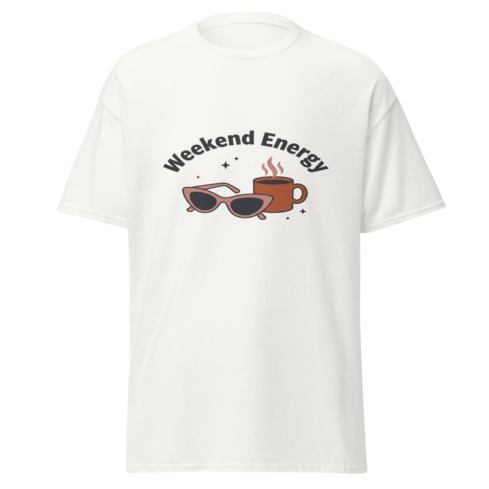 Weekend Engery T-Shirt | Snugco - White Front Mockup Weekend Engery graphic T-shirt by Snugco - White