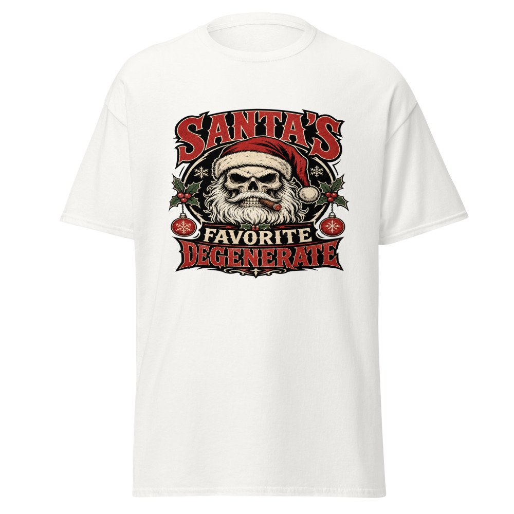 unisex classic tee white front 6acfa6223bd60.jpg Santa's Favorite Degenerate T-Shirt mockup