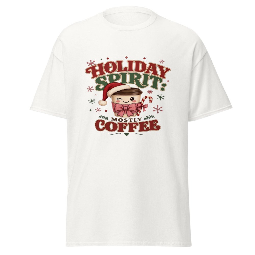 unisex classic tee white front 6ad79e0c928ed.jpg Holiday Spirit Mostly Coffee T-Shirt mockup