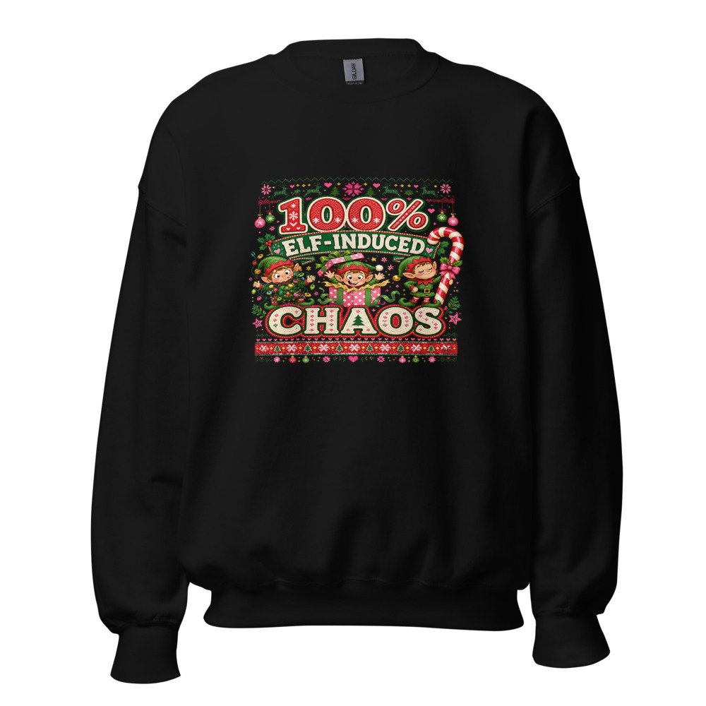unisex crew neck sweatshirt black front 6ad7d5149f921.jpg 100_ Elf-Induced Chaos Ugly Sweater Sweatshirt mockup