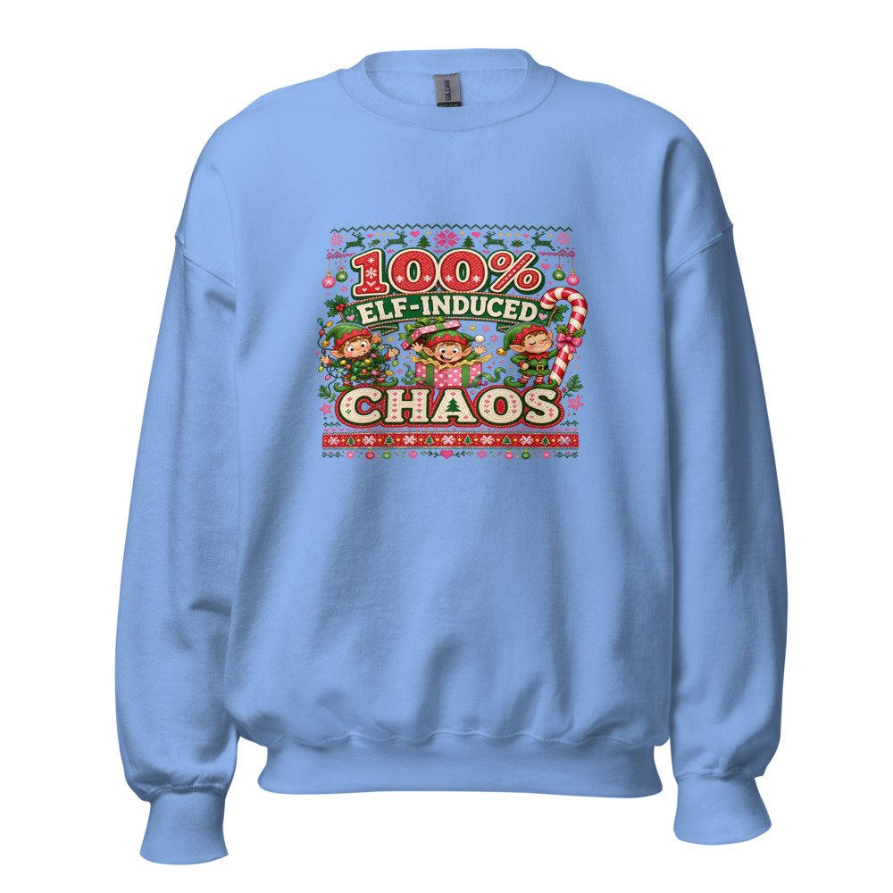 unisex crew neck sweatshirt carolina blue front 6ad7d514a2e67.jpg 100_ Elf-Induced Chaos Ugly Sweater Sweatshirt mockup
