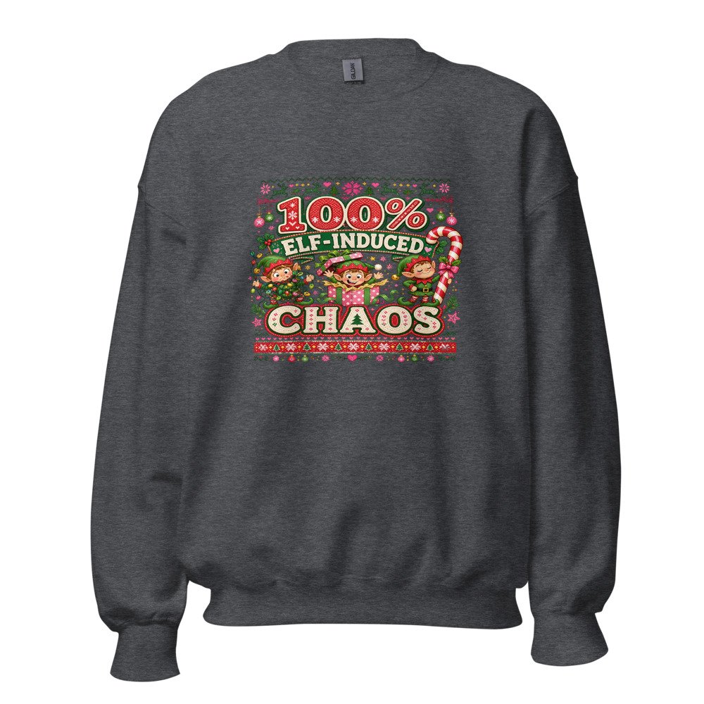 unisex crew neck sweatshirt dark heather front 6ad7d514a030c.jpg 100_ Elf-Induced Chaos Ugly Sweater Sweatshirt mockup