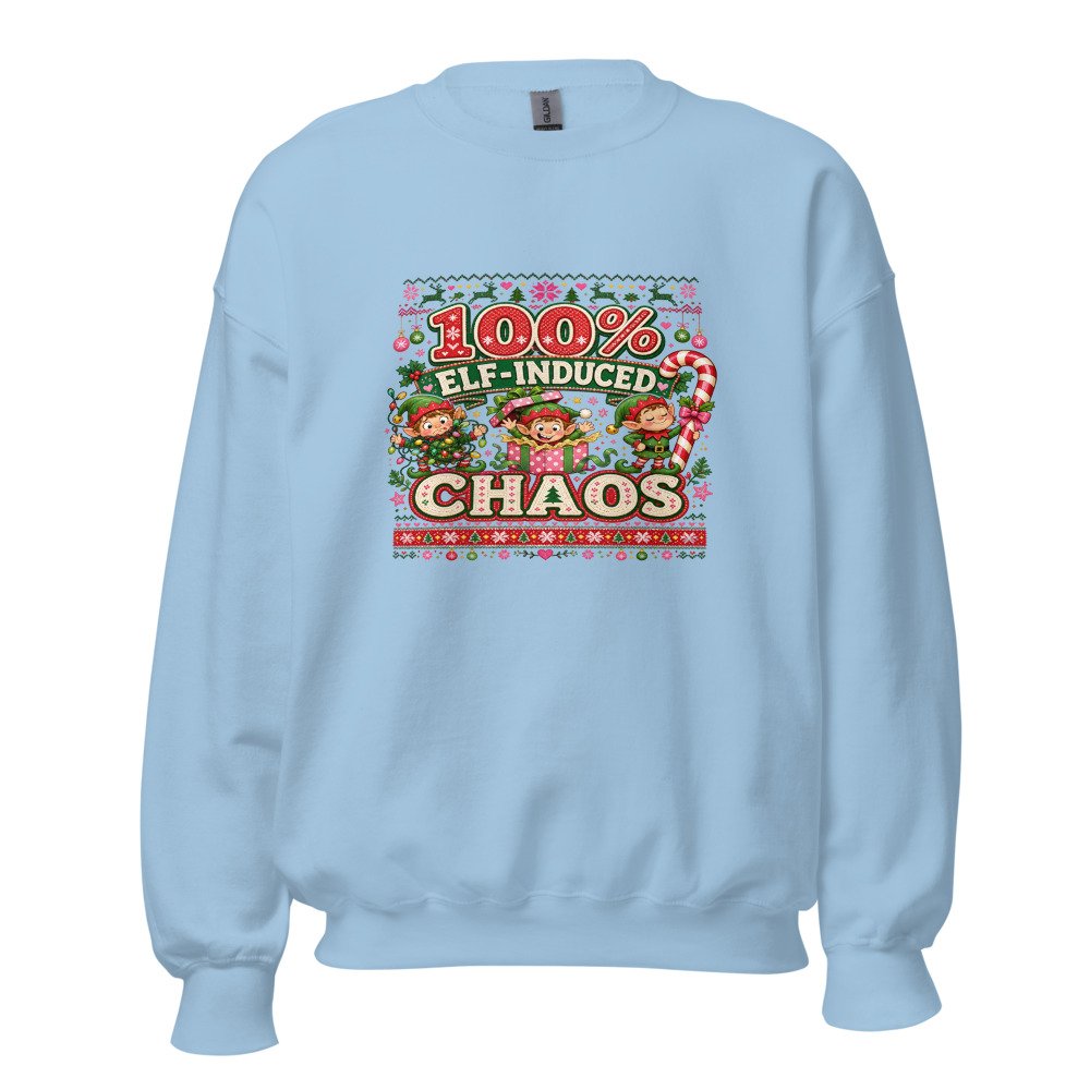 unisex crew neck sweatshirt light blue front 6ad7d514a48ae.jpg 100_ Elf-Induced Chaos Ugly Sweater Sweatshirt mockup