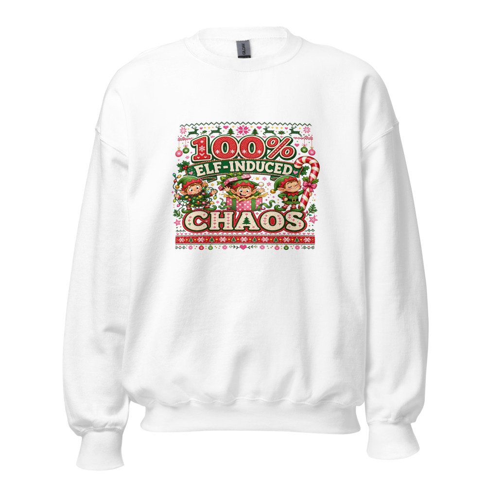unisex crew neck sweatshirt white front 6ad7d514abf82.jpg 100_ Elf-Induced Chaos Ugly Sweater Sweatshirt mockup
