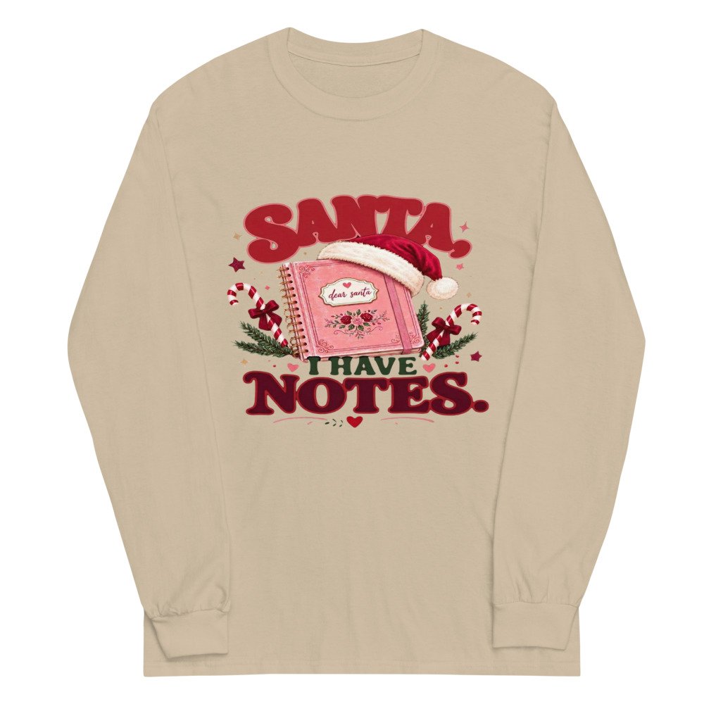 unisex long sleeve shirt sand front 6acfb370ce2db.jpg Santa I have Notes Long-Sleeve mockup